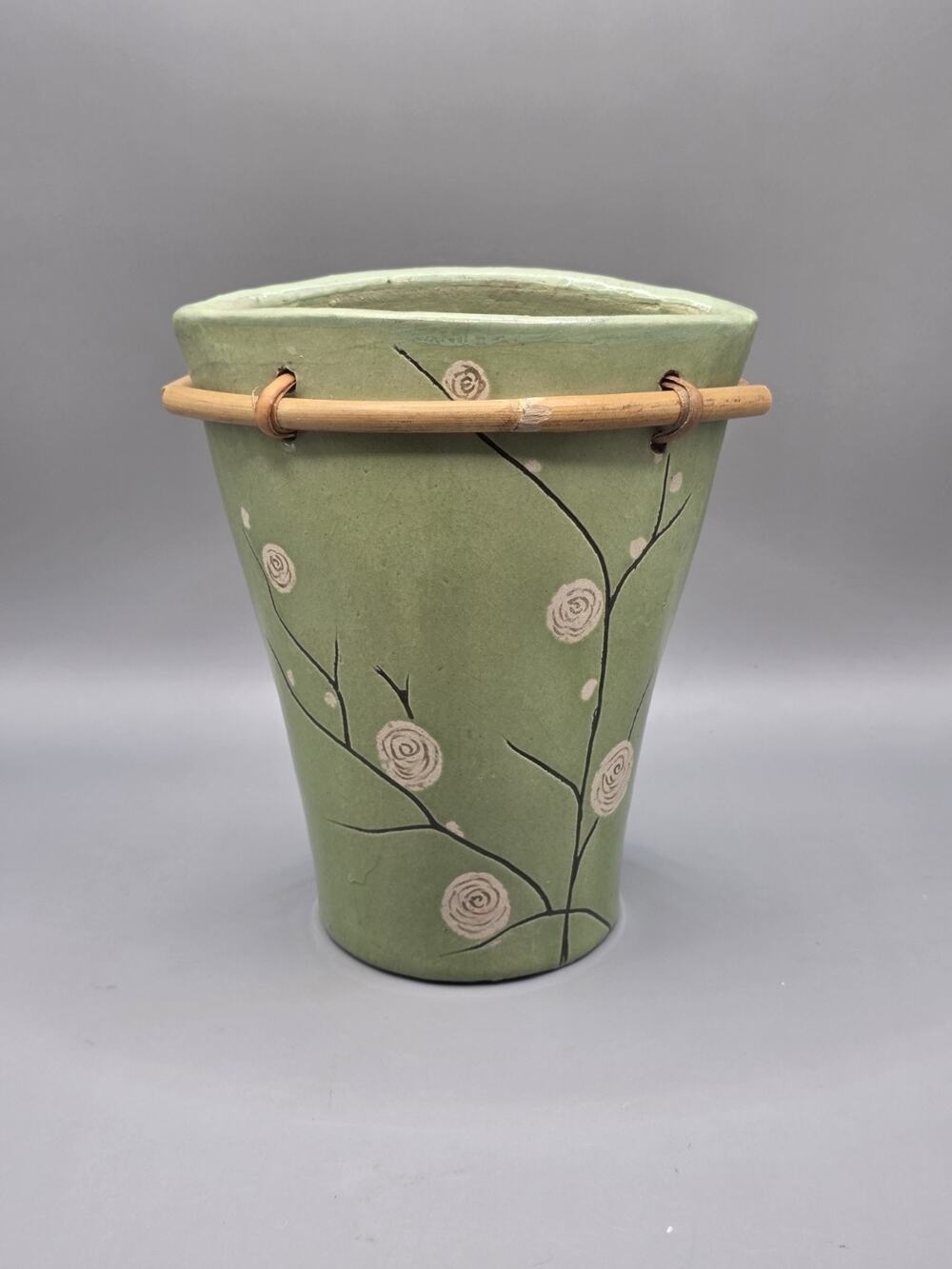 Studio Art Pottery Pocket Vase Sage Green Pink Roses Bamboo Trim Handmade 8"